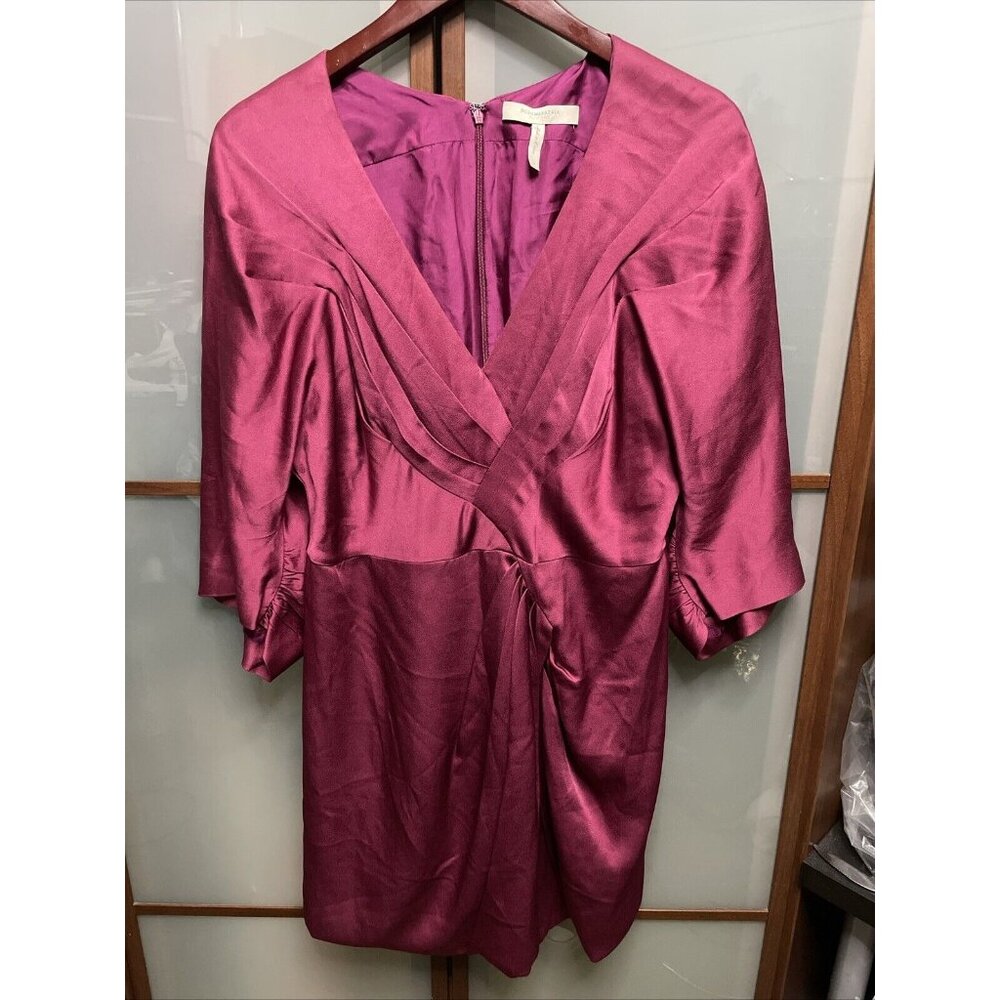 BCBG Maxazria Runway Fuschia Silk V-neck Kimono Cap Sleeve Pleated Dress Size 10